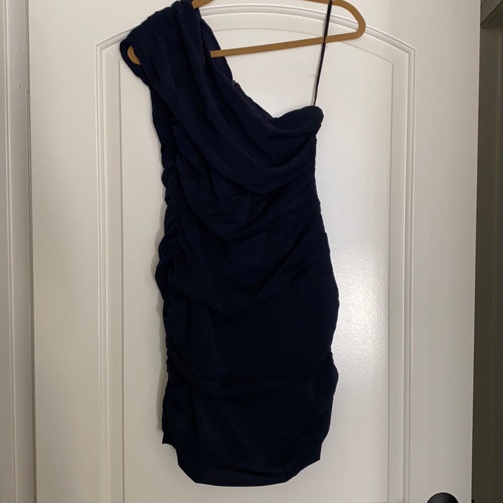 Beautiful ruched one shoulder navy mini dress